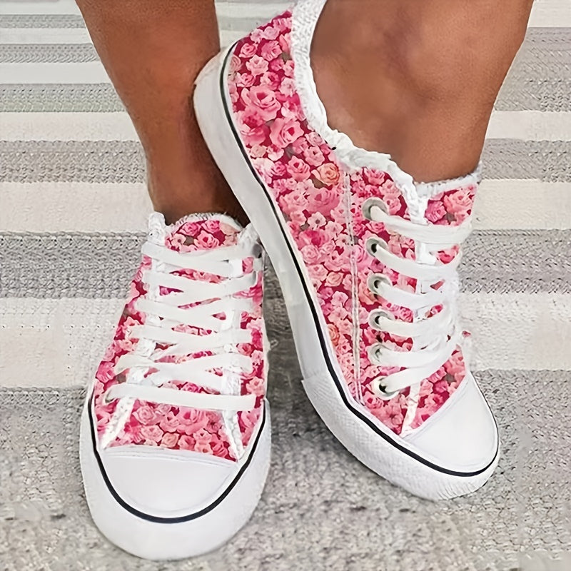 Floral Print Canvas Shoes Lace Up Sneakers Comfortable Low Top