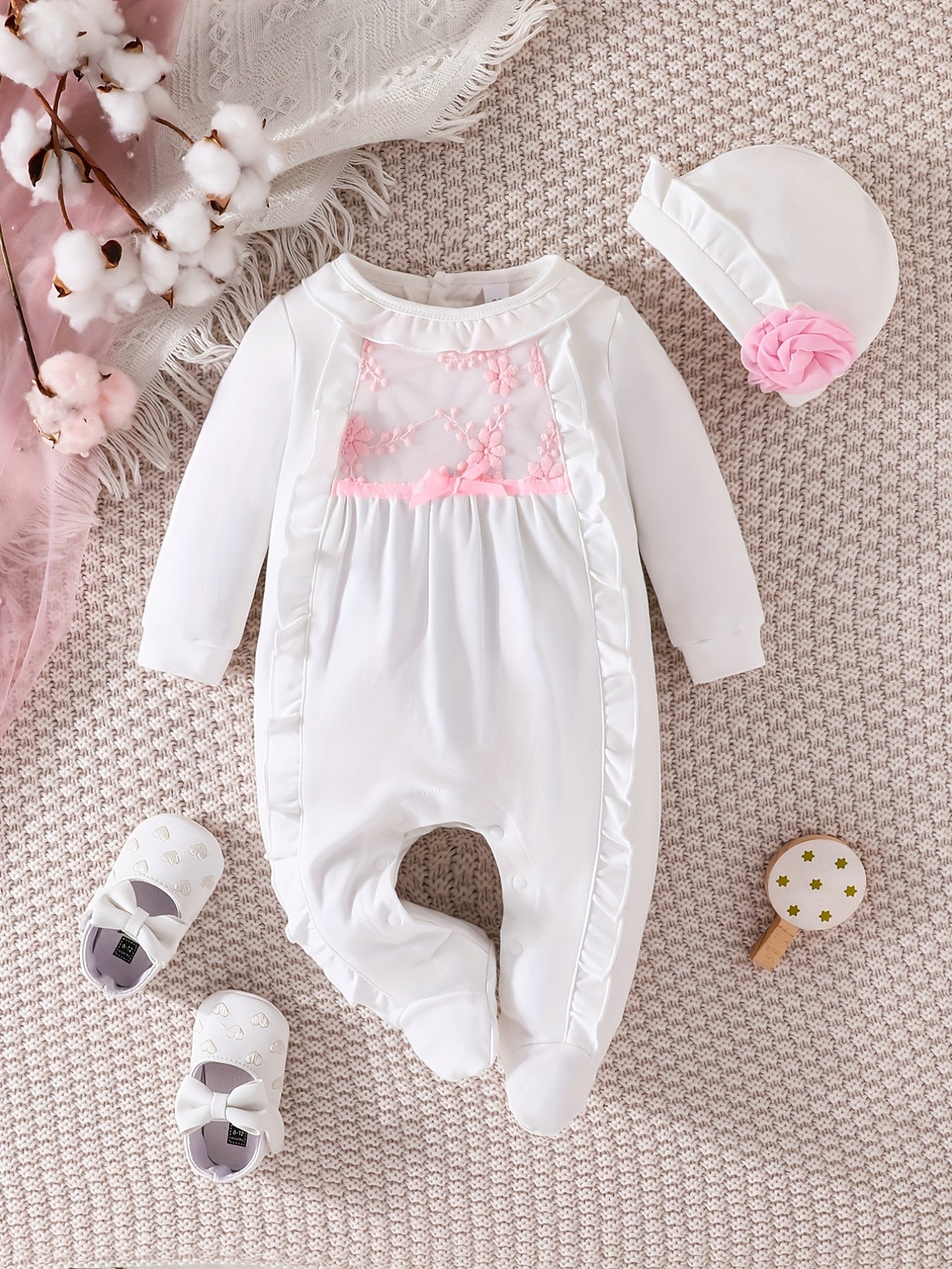 Baby Girl's Romper Ruffle Crew Neck Jumpsuit & Hat Set
