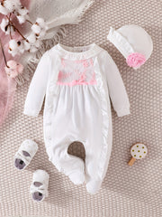Baby Girl's Romper Ruffle Crew Neck Jumpsuit & Hat Set