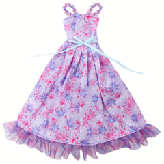 Purple Floral Print Doll Wedding Dress Polyester Sling Princess