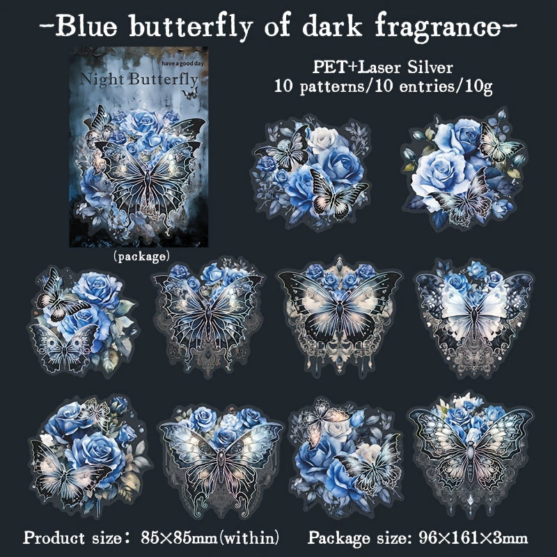 10 Sheets Spooky Butterfly Series PET Laser Silvery Stickers