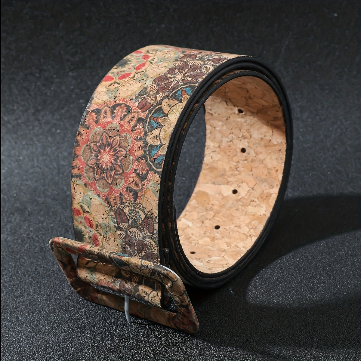 Flower Pattern Faux Leather Belt Boho Rectangular Buckle