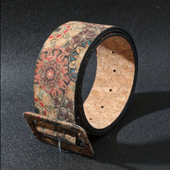 Flower Pattern Faux Leather Belt Boho Rectangular Buckle