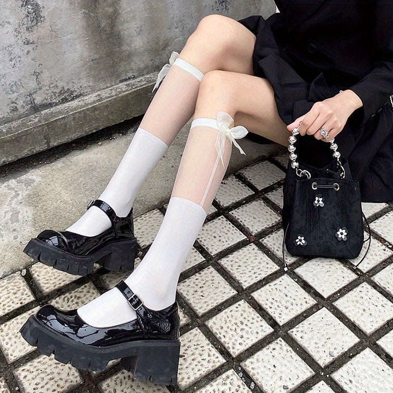 Mesh Stitching Calf Socks Ultra thin Bow Knee High Socks Women's Stockings
