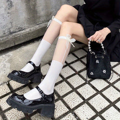 Mesh Stitching Calf Socks Ultra thin Bow Knee High Socks Women's Stockings