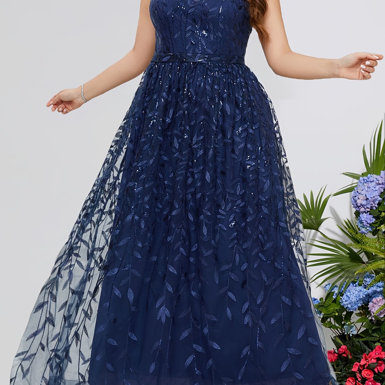 Leaf Print Sequin Cap Sleeve Maxi Evening Formal Dress