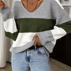 Striped V-Neck Sweater Long Sleeve Jumper