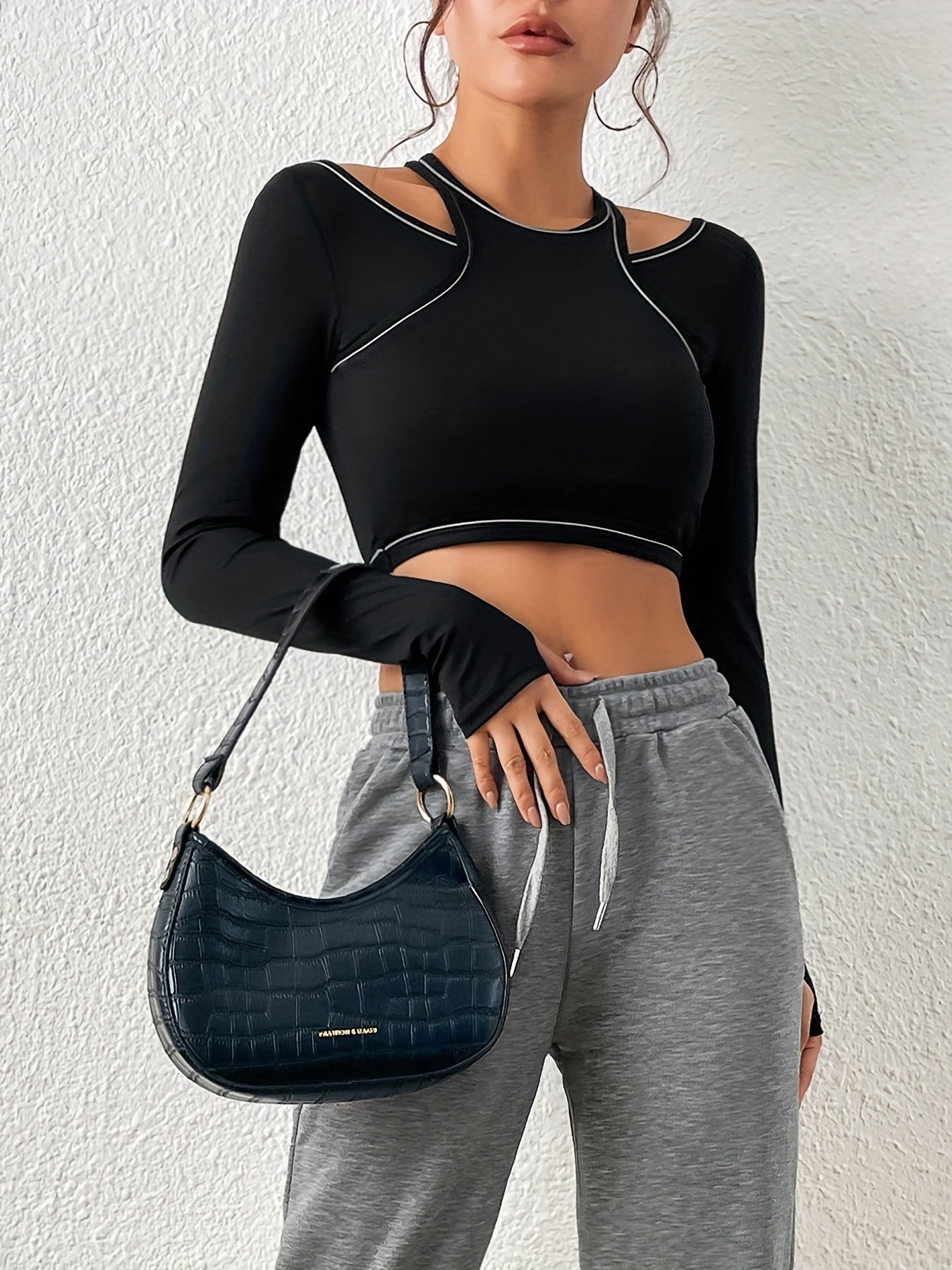 Stretchy Crop Top Long Sleeve Thumb Holes T-shirt