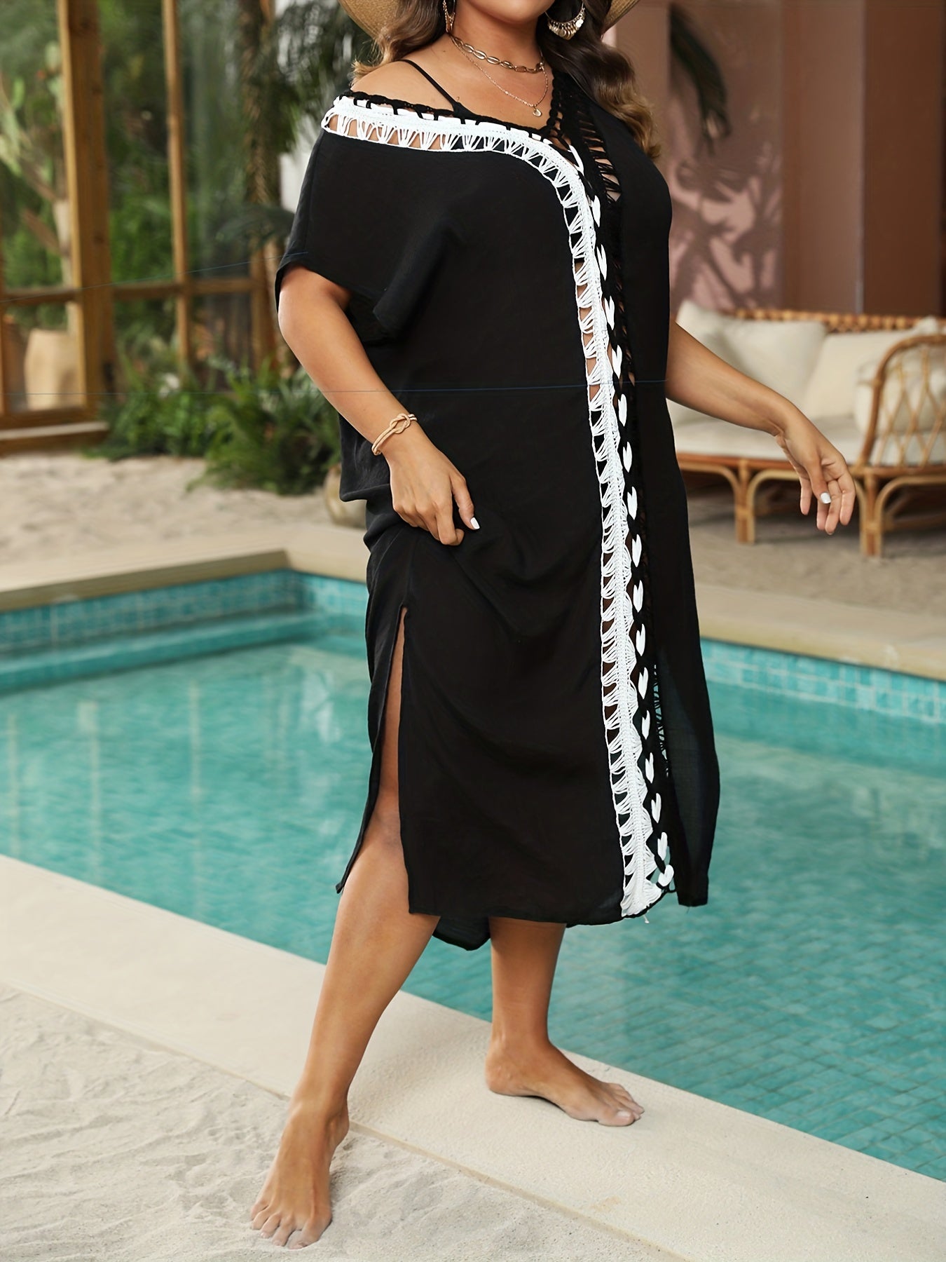 Colorblock Crochet Short Sleeve Cover Up Dress