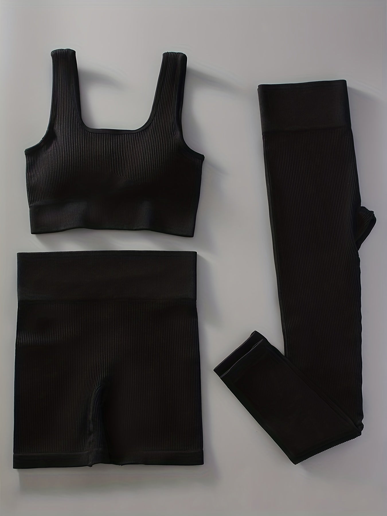 3pcs Ribbed Yoga Workout Suits Sports Bra & Leggings Sets Women's Activewear