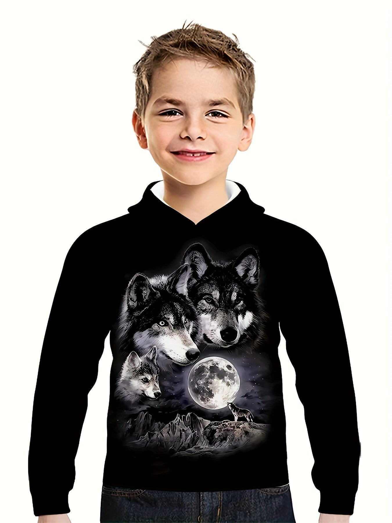 Moon & Wolves 3D Print Hoodie Kids Hip Hop Street Sports Casual Tops