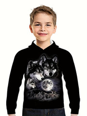 Moon & Wolves 3D Print Hoodie Kids Hip Hop Street Sports Casual Tops