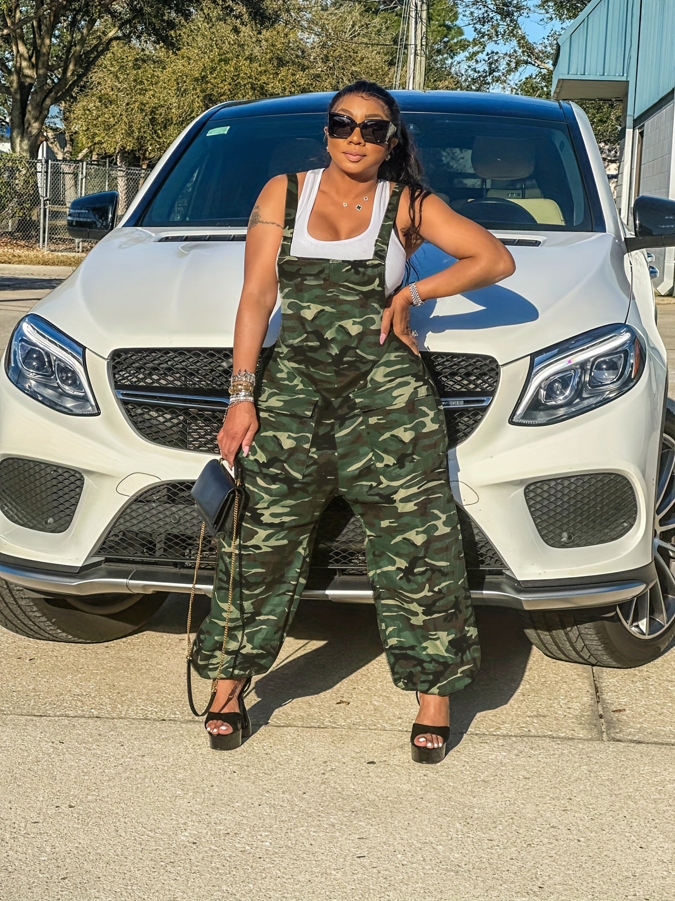 Y2K Camo Print Cami Cargo Jumpsuit Sleeveless Backless Summer Pockets