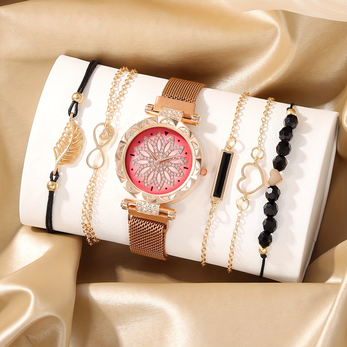 Digital Rhinestone Quartz Watch & 5pcs Bead Bracelet Set