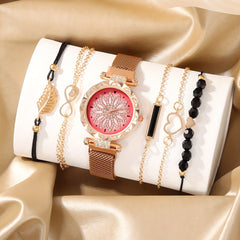 Digital Rhinestone Quartz Watch & 5pcs Bead Bracelet Set