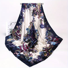 Navy Satin & Cashew Print Square Scarf 88x9cm for Men