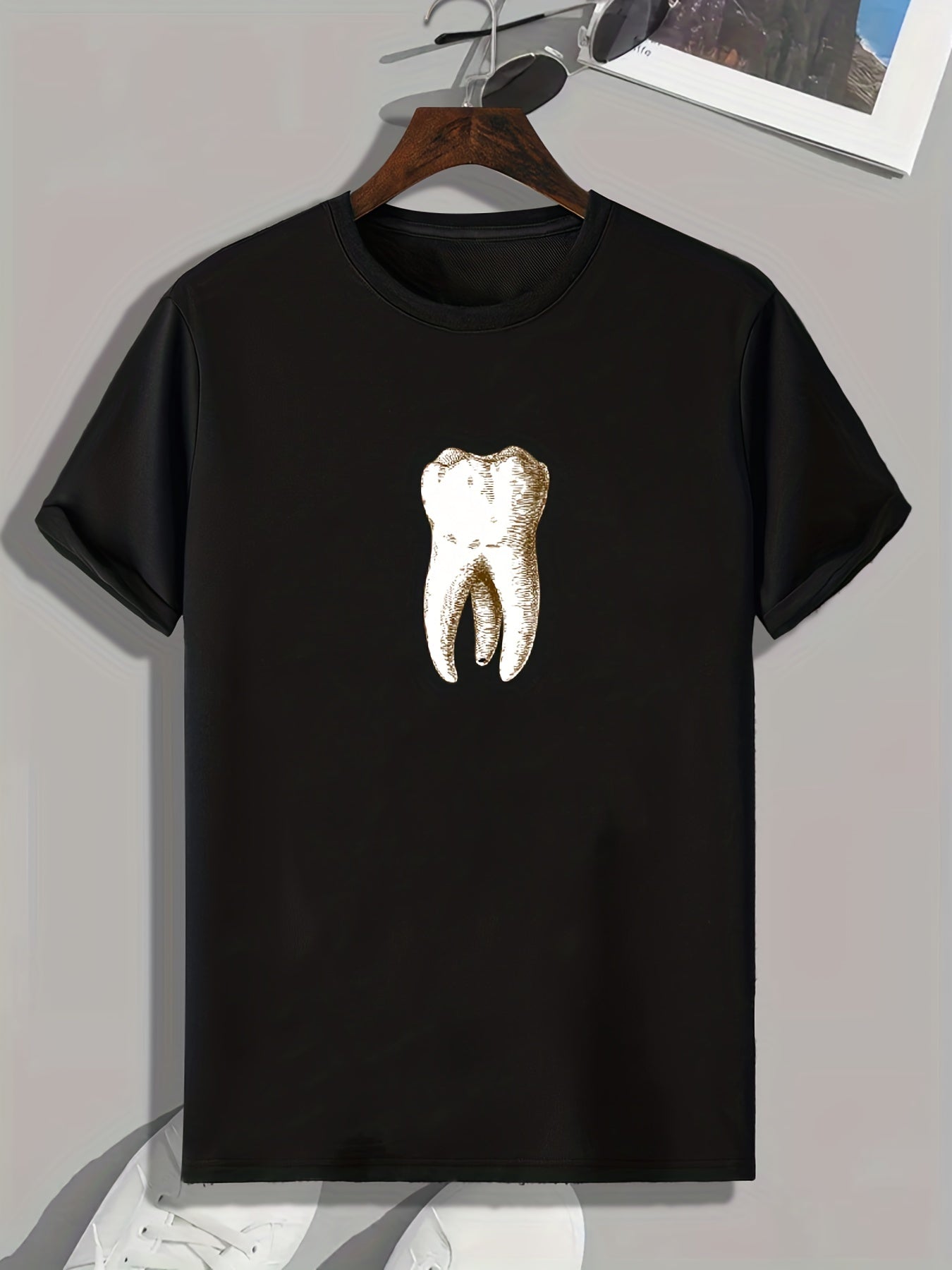 Tooth Print Men's Comfy T-shirt Active Stretch Tee For Summer