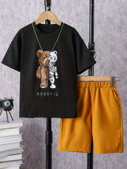 Boys Robotic Bear Graphic Casual Outfit Round Neck T shirt & Shorts Kids