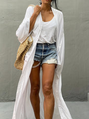 Solid Long Sleeve Open Front Long Cardigan With Belt
