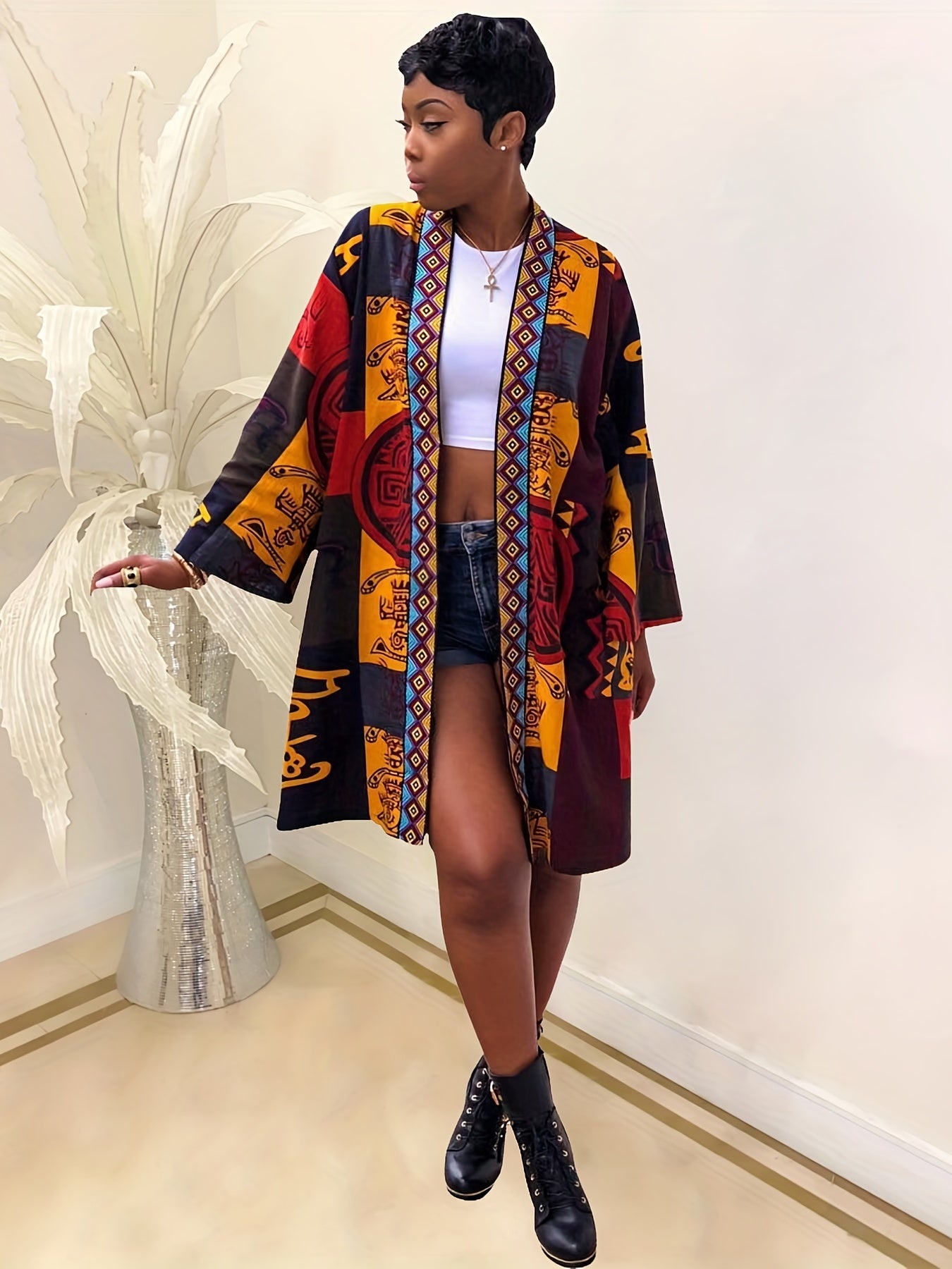 Abstract Print Open Front Jacket Casual Long Sleeve Mid Length Outerwear
