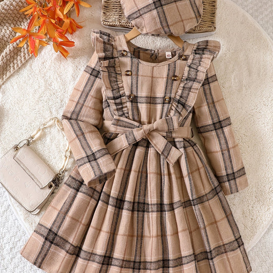 Girls' Plaid Ruffle Trim Dress Set with Hat