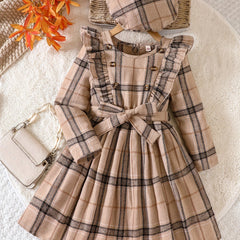 Girls' Plaid Ruffle Trim Dress Set with Hat