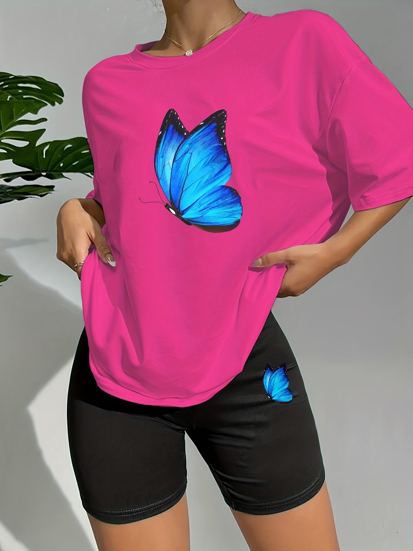 Butterfly Print Lounge Set Short Sleeve Crew Neck Top & Elastic Waistband Shorts