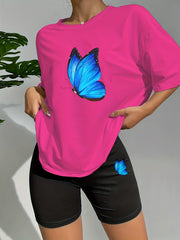 Butterfly Print Lounge Set Short Sleeve Crew Neck Top & Elastic Waistband Shorts