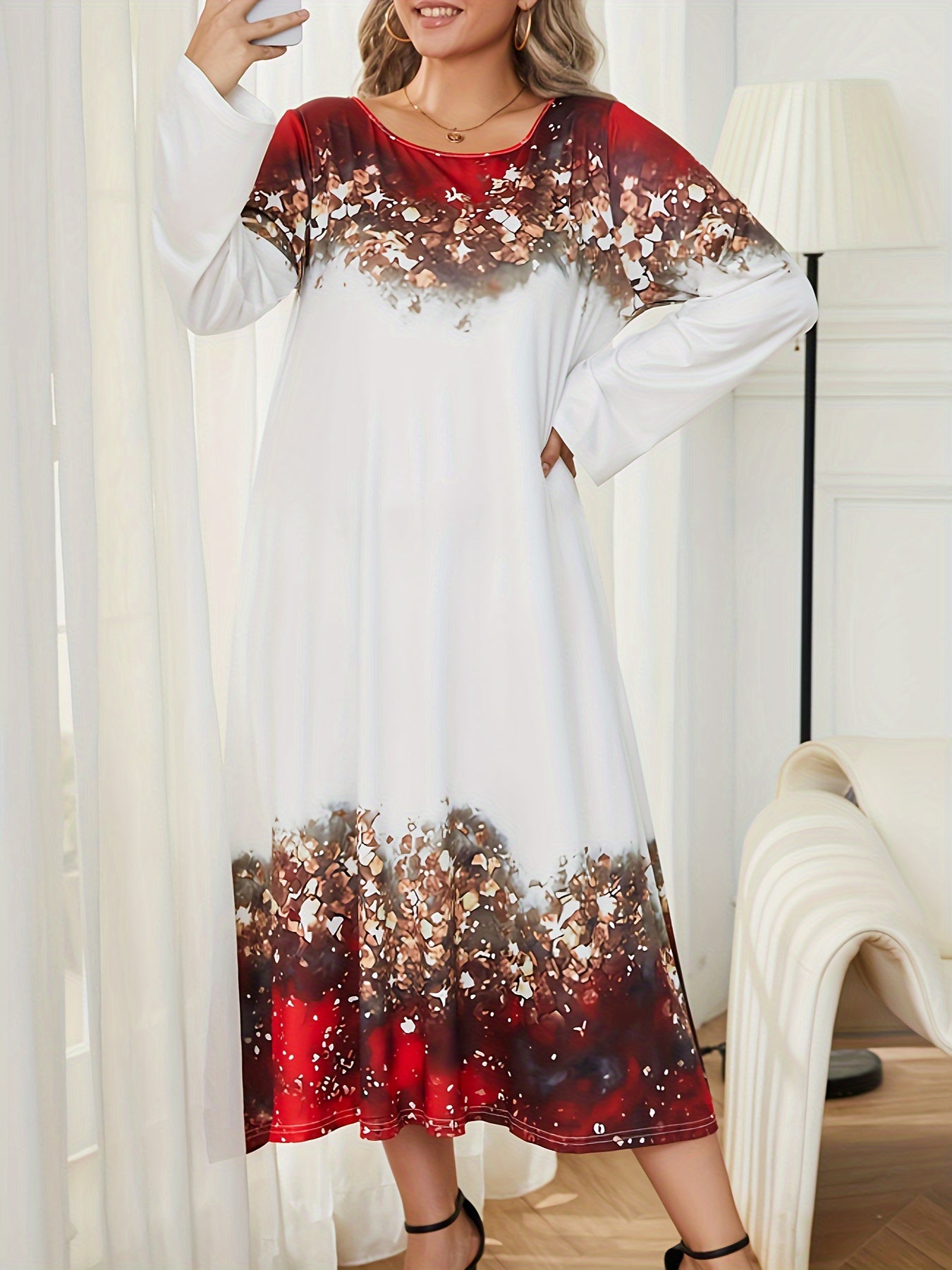 Colorblock Floral Print Long Sleeve Round Neck Dress