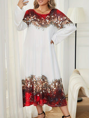 Colorblock Floral Print Long Sleeve Round Neck Dress