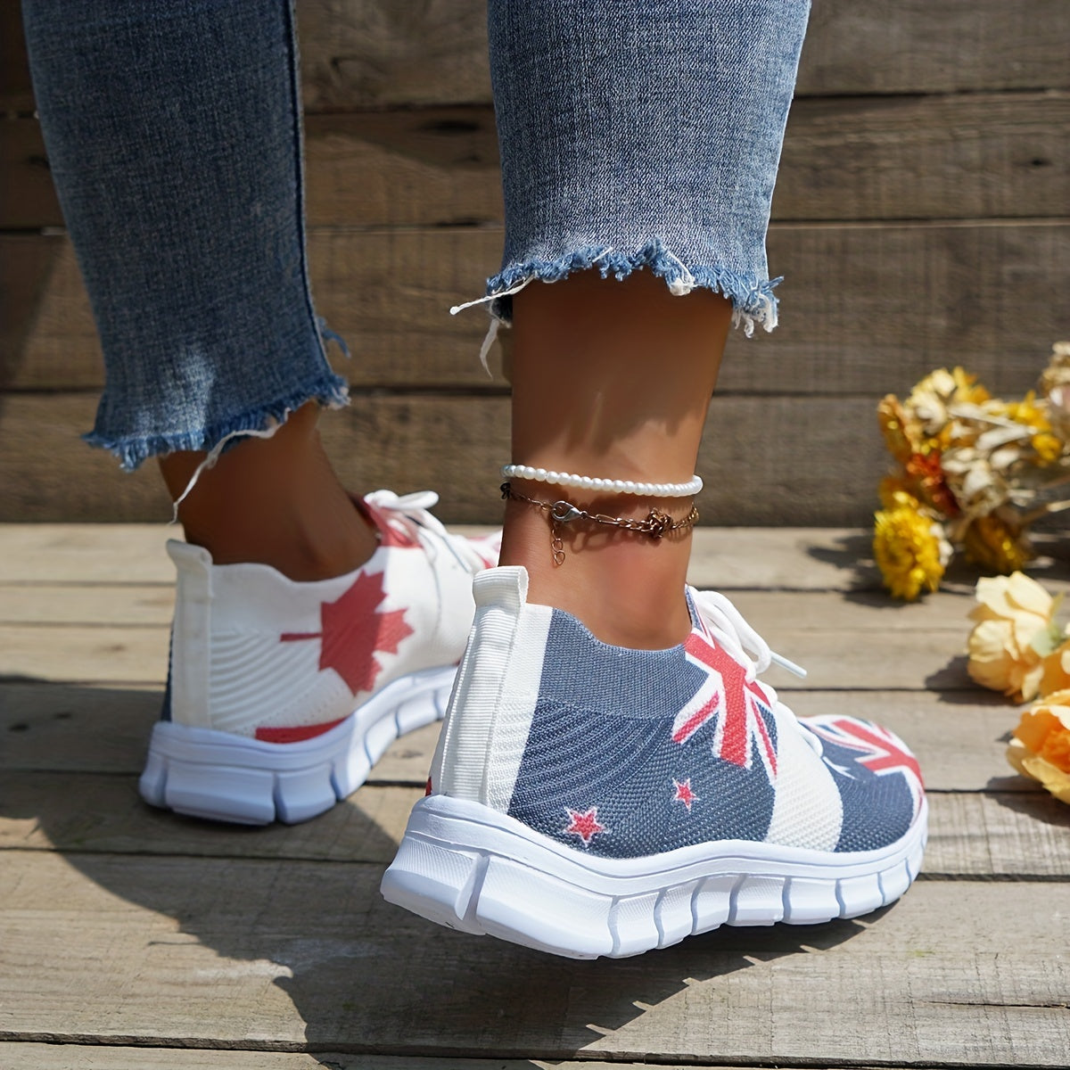 Women's Flag Pattern Knitted Sneakers Low Top Sports Shoes