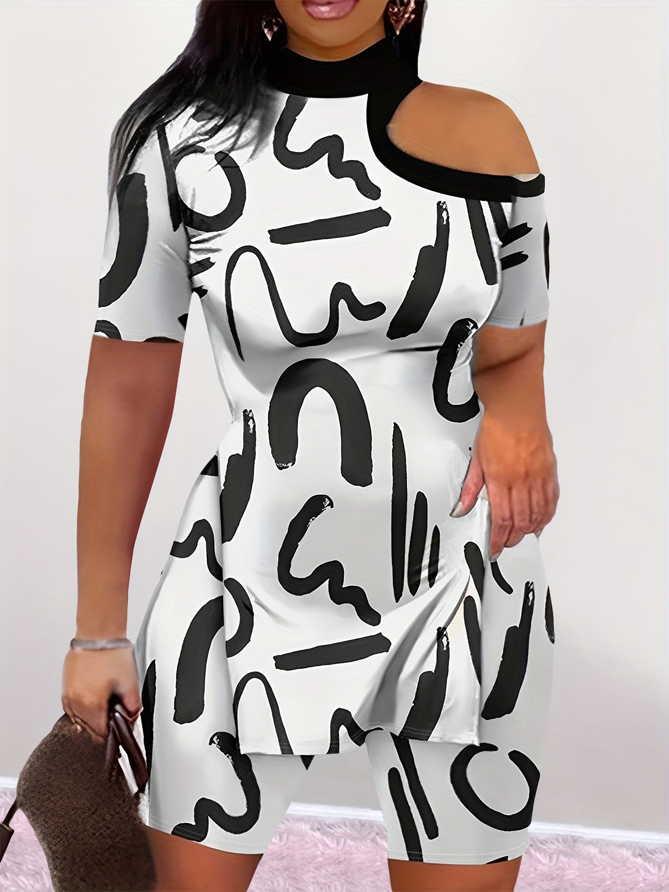 Abstract Print Two Piece Set Cold Shoulder Tee & Slim Shorts