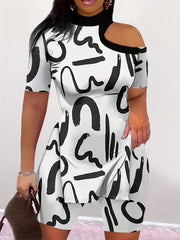Abstract Print Two Piece Set Cold Shoulder Tee & Slim Shorts
