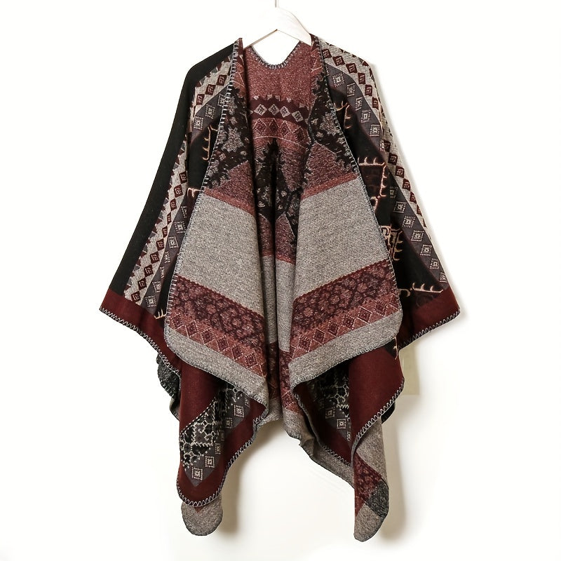 Boho Vintage Cashmere Plaid Jacquard Large Shawl Windproof Cape Scarf