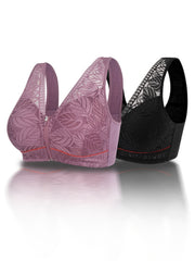 2 Pack Leaf Lace Zipper Front Full Cover Bra Set Plus Size