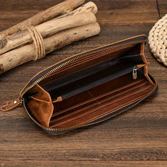Men's Vintage Travel Wallet Top Grain Leather with Wristlet Zipper Closure