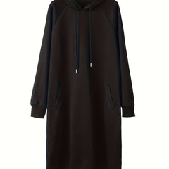 Solid Hooded Drawstring Long Sleeve Sweatshirt Dress With Pockets