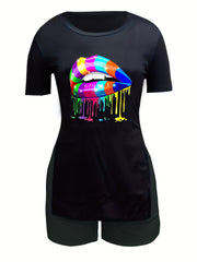 Casual Lip Print Short Sleeve T-shirt & Skinny Shorts Set