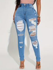 Ripped Skinny Jeans Slash Pockets Distressed High Rise Denim Pants