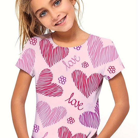 Girls Sweet Heart Graphic Crew Neck T-shirt