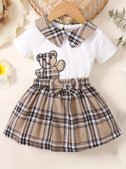 2pcs Baby Girls' Bear Graphic Collared T Shirt & Bow Plaid Skirt Set
