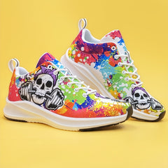 Women's Skull & Barbell Printed Sneakers Low Top Halloween Shoes