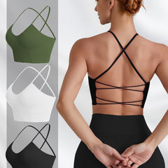 Solid Ribbed Cami Sports Bra High Stretch Yoga Bra With Chest Pad
