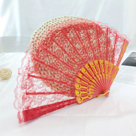 Red Lace Mesh Fan Stage Performance Fan Women's Decoration Fan