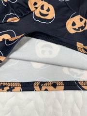Pumpkin Print Pajama Set V Neck Cami Top & Lace Trim Shorts