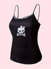 Skull Pattern Cami Top Halloween Lace Crew Neck Lingerie