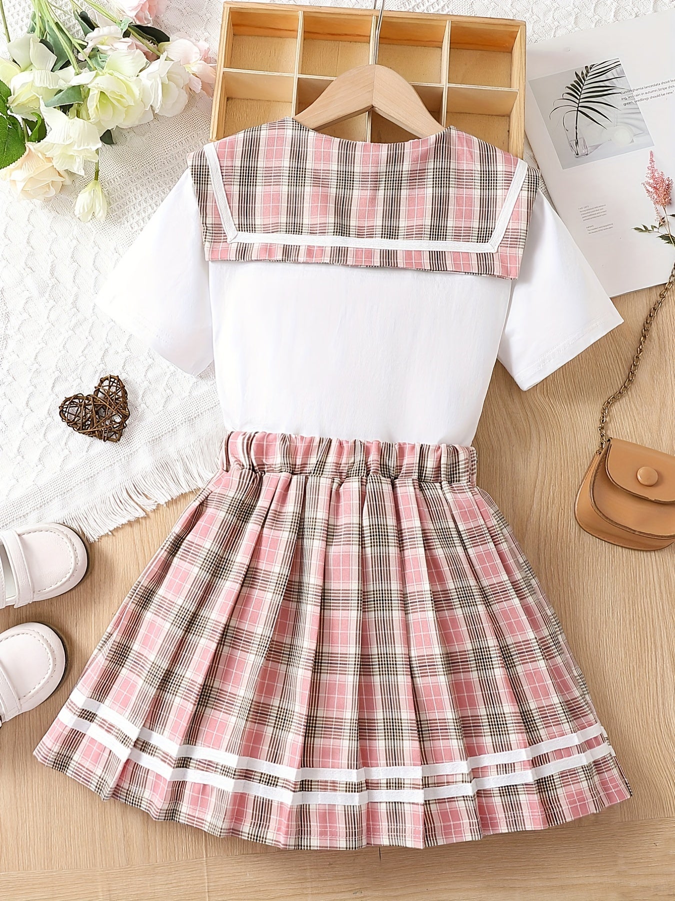 Girl's 2pcs Shirt & Skirts Set Uniform Preppy Style Casual Outfits