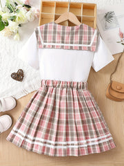 Girl's 2pcs Shirt & Skirts Set Uniform Preppy Style Casual Outfits