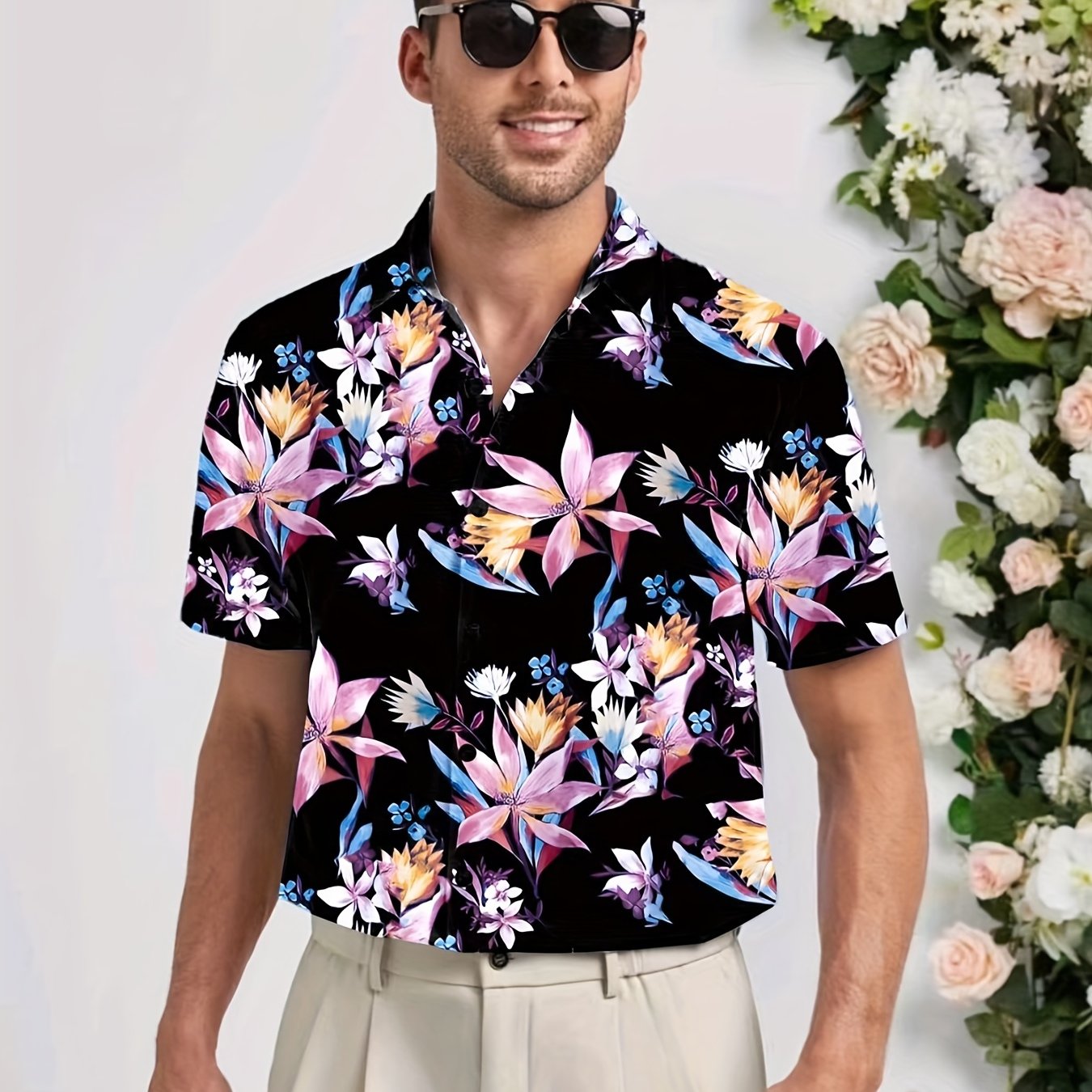 Men's Floral Pattern Lapel Short Sleeve Hawaii Shirt