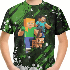 Boy's Cartoon Blocks Graphic Tee Casual Stretch Breathable Novel Shirt